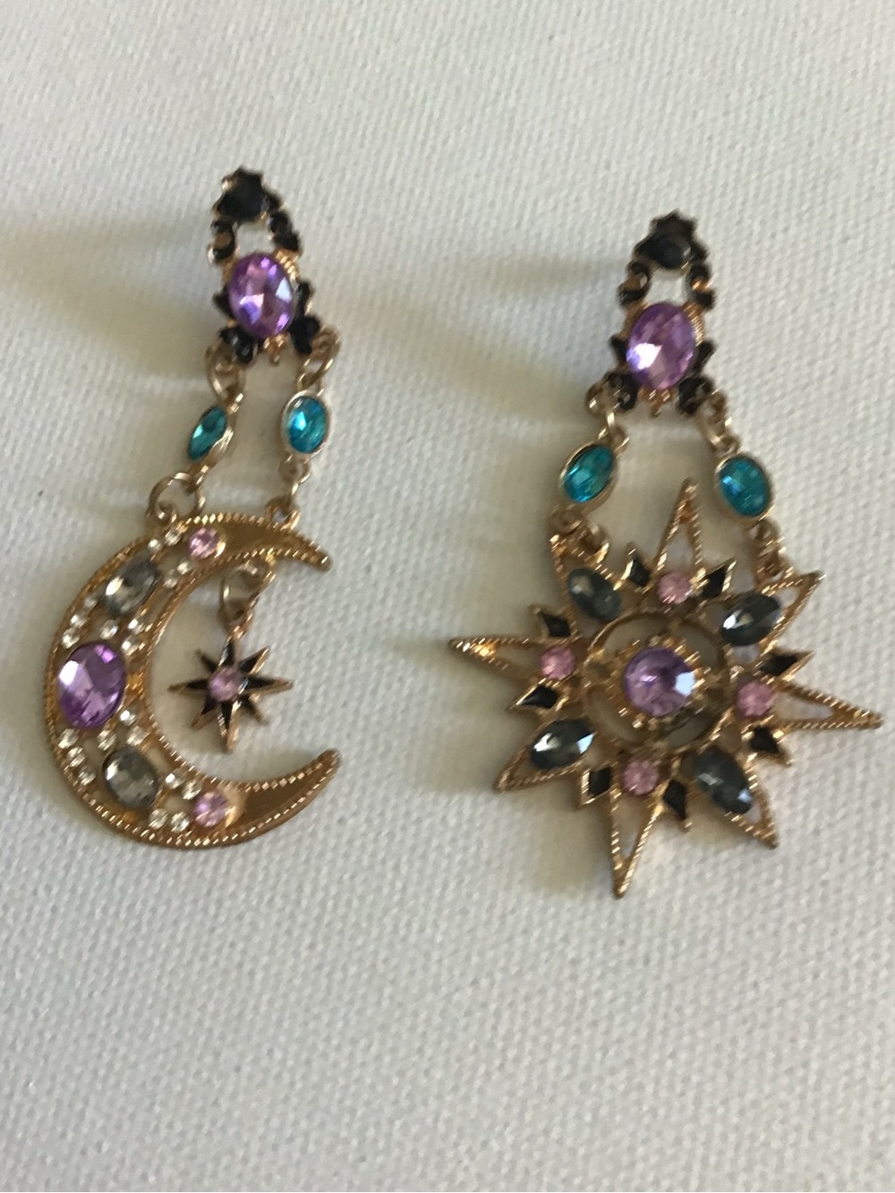 Vintage Celestial Moon and Star Drop Earrings in Purple and Teal